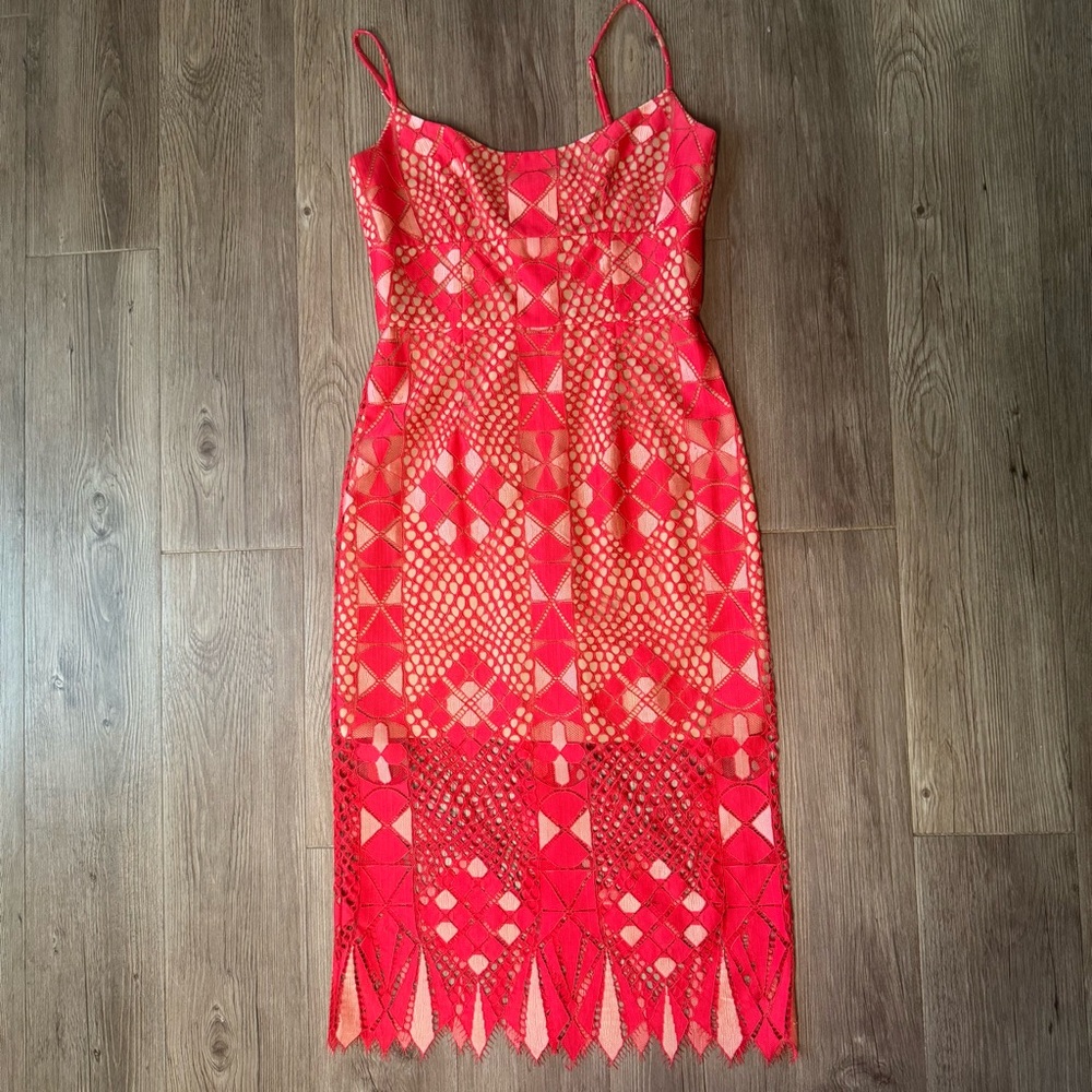 BCBGMAXAZRIA Red Lace Midi Dress – Size 4 | Holiday Wedding Guest